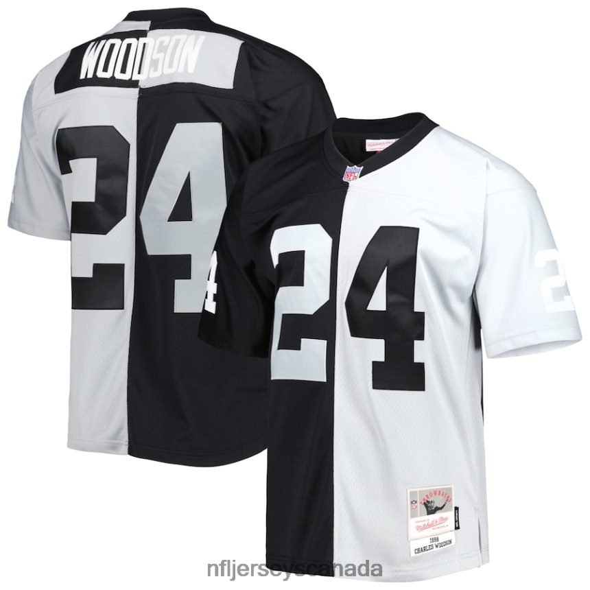 Men Las Vegas Raiders Charles Woodson Mitchell  Ness Black/Silver 1998 Split Legacy Replica Jersey Clothing NFL TBXFR61115