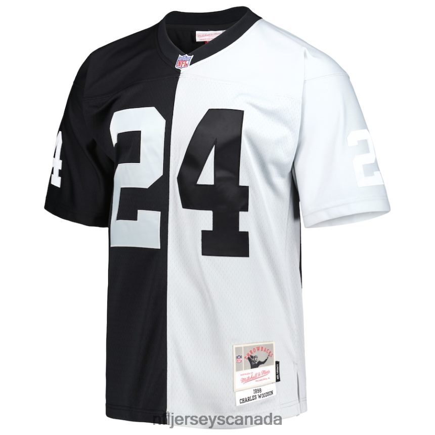 Men Las Vegas Raiders Charles Woodson Mitchell  Ness Black/Silver 1998 Split Legacy Replica Jersey Clothing NFL TBXFR61115