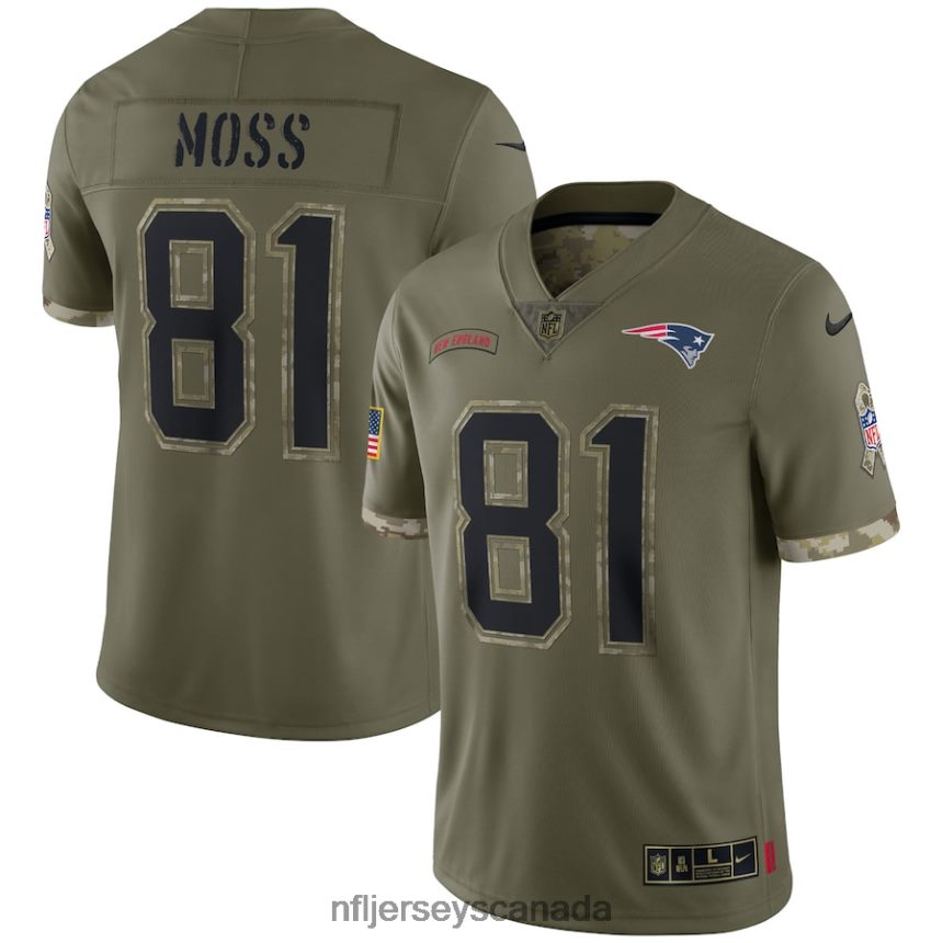 Men New England Patriots Randy Moss Nike Olive 2022 Salute To Service Retired Player Limited Jersey Clothing NFL TBXFR61922