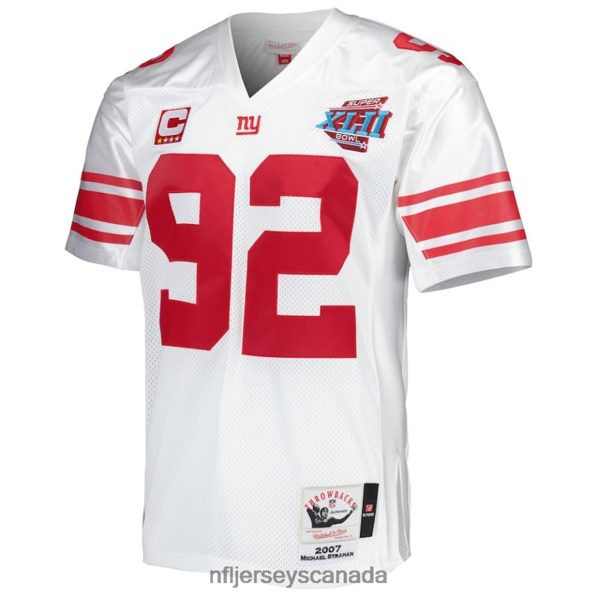 Men New York Giants Michael Strahan Mitchell  Ness White Super Bowl XLII Authentic Throwback Retired Player Jersey Clothing NFL TBXFR6234