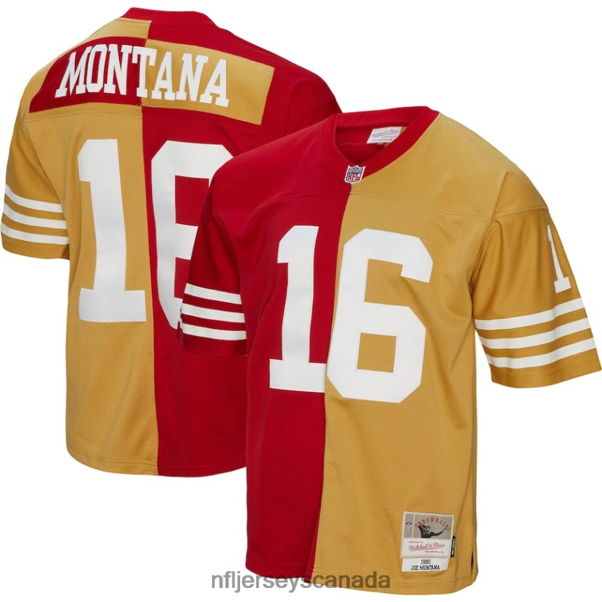 Men San Francisco 49ers Joe Montana Mitchell  Ness Scarlet/Gold 1990 Split Legacy Replica Jersey Clothing NFL TBXFR61522