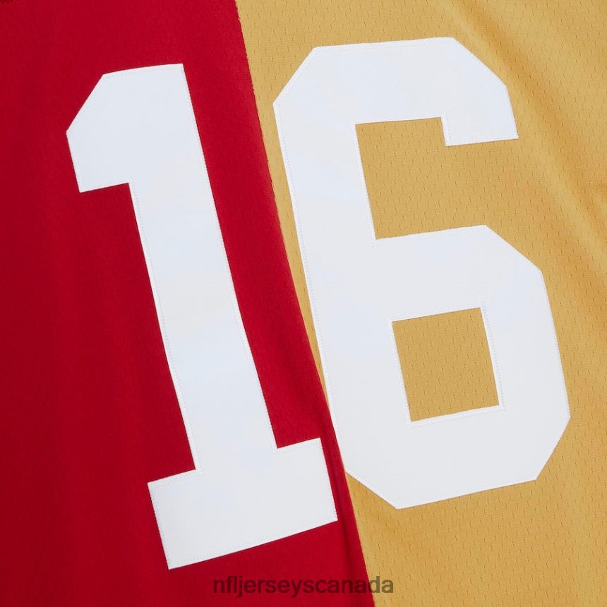 Men San Francisco 49ers Joe Montana Mitchell  Ness Scarlet/Gold 1990 Split Legacy Replica Jersey Clothing NFL TBXFR61522