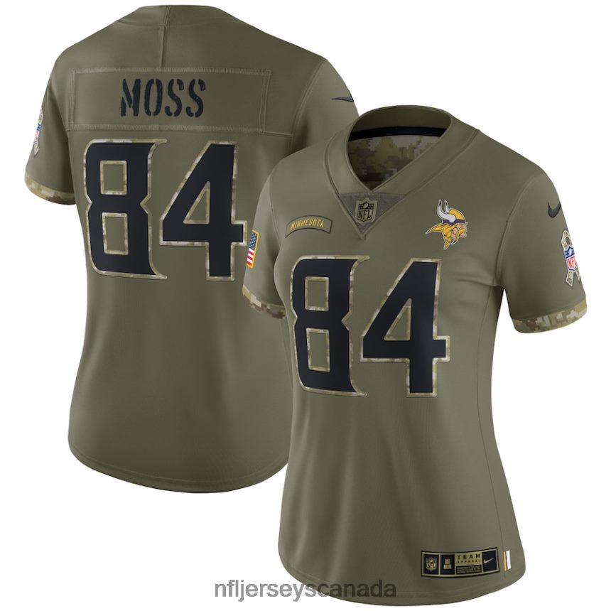 Women Minnesota Vikings Randy Moss Nike Olive 2022 Salute To Service Retired Player Limited Jersey Clothing NFL TBXFR65202