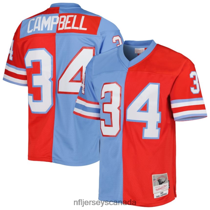 Men Houston Oilers Earl Campbell Mitchell & Ness Red/Light Blue Gridiron Classics 1980 Split Legacy Replica Jersey Clothing NFL TBXFR62212