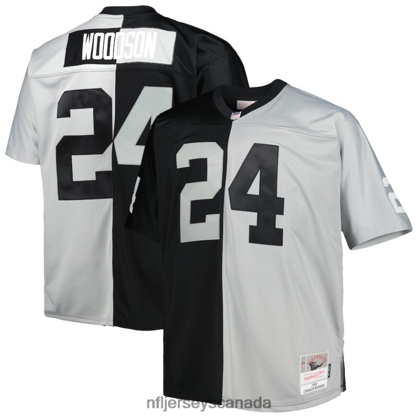 Men Las Vegas Raiders Charles Woodson Mitchell & Ness Black/Silver Big & Tall Split Legacy Retired Player Replica Jersey Clothing NFL TBXFR63355