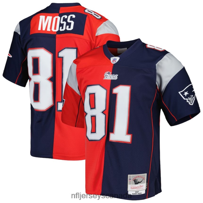 Men New England Patriots Randy Moss Mitchell & Ness Navy/Red 2007 Split Legacy Replica Jersey Clothing NFL TBXFR61201