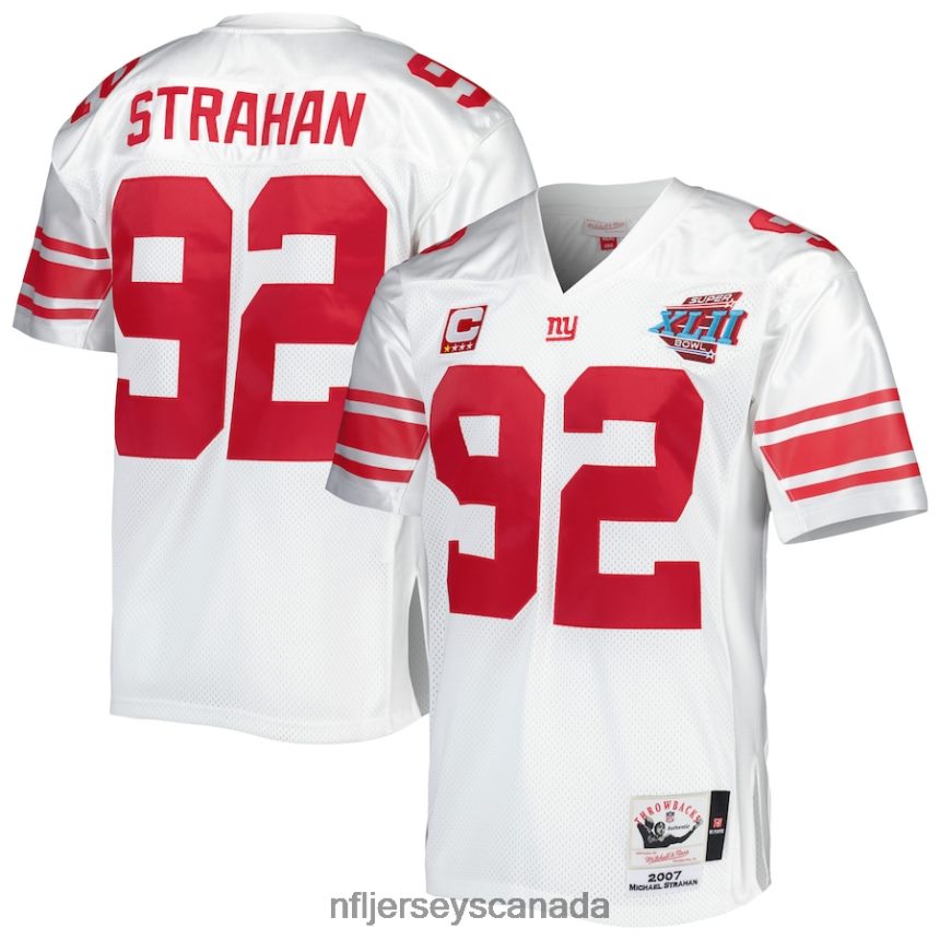 Men New York Giants Michael Strahan Mitchell & Ness White Super Bowl XLII Authentic Throwback Retired Player Jersey Clothing NFL TBXFR6234