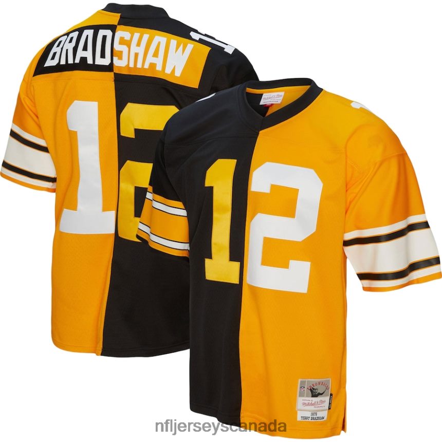 Men Pittsburgh Steelers Terry Bradshaw Mitchell & Ness Black/Gold 1976 Split Legacy Replica Jersey Clothing NFL TBXFR61816